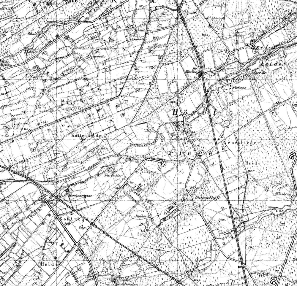 Topografische Karte aus den Jahren 1936 bis 1945 mit dem eingezeichneten Haltepunkt Hövelriege, der Sennebahn und der südwestlich verlaufenden TWE-Strecke