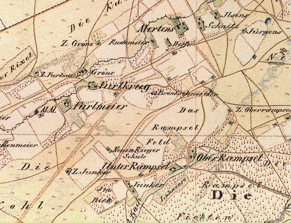 Ausschnitt der Preußischen Uraufnahme von 1836 bis 1850 mit den Höfen Furlmeier, Furlkröger, Ober- und Unterrampsel sowie der eingezeichneten Neuen Rieger Schule